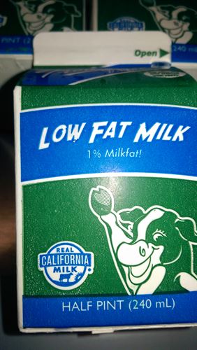 A carton of low fat milk.